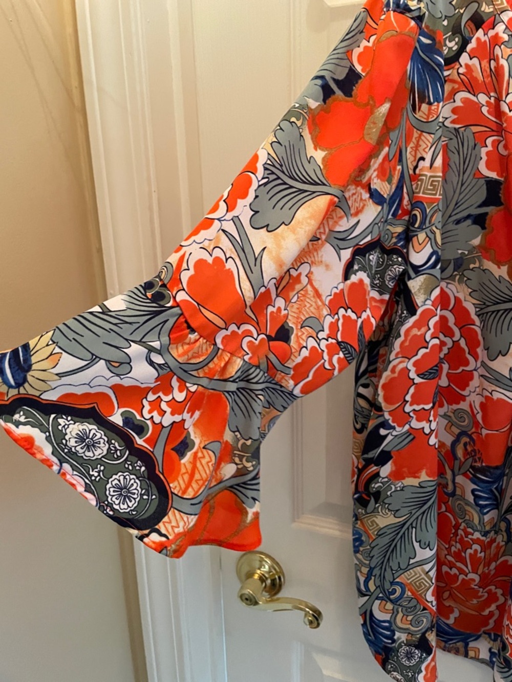 Peter Nygard Plus Vibrant Coral & Sage Floral Tie-Neck Blouse - Picture 3 of 12